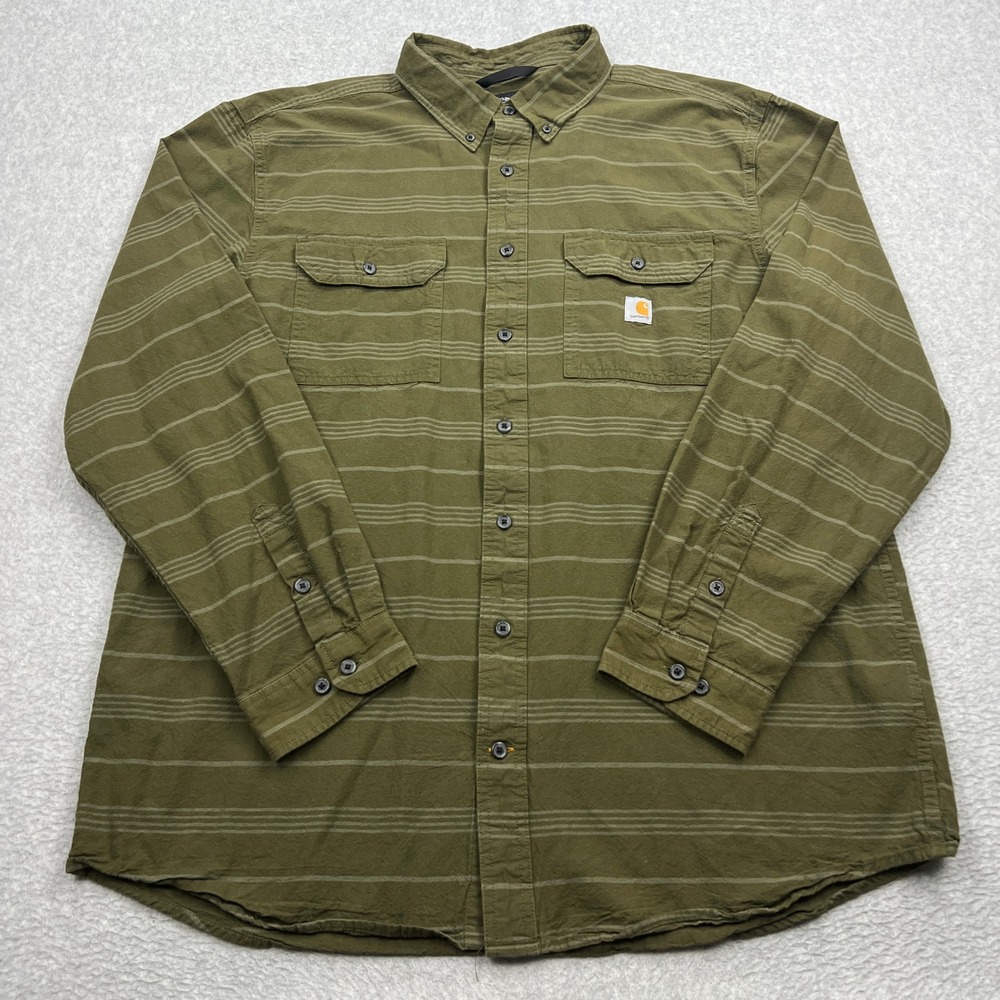 Carhartt Shirt Mens XL Tall Green Loose Midweight Chambray Long Sleeve Button Up